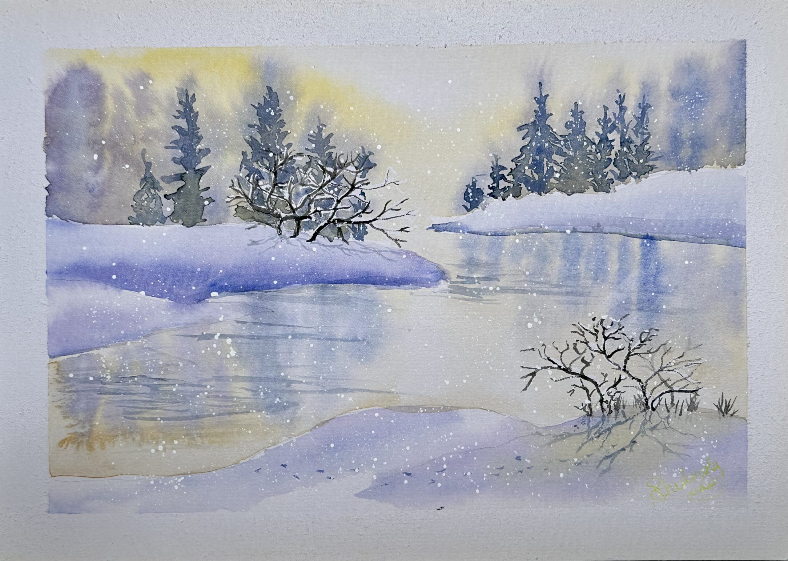 Snow by a lake