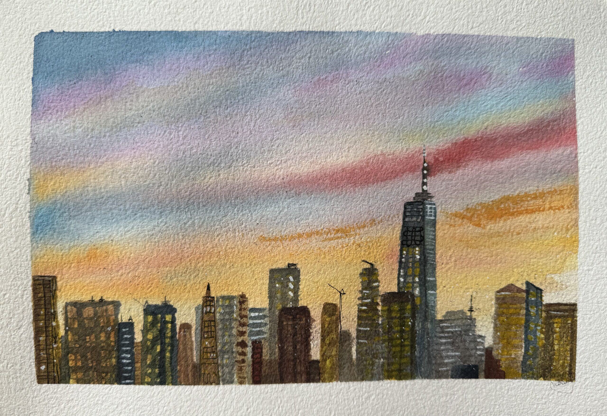 Manhattan at sunset, watercolor