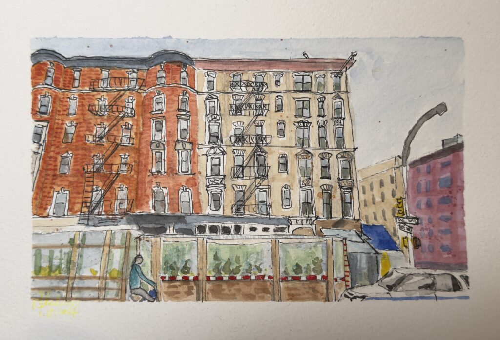 Watercolor painting of the street in East Village, NYC