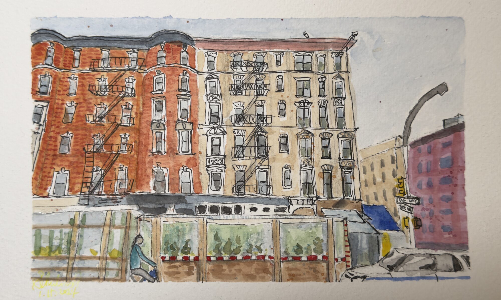 Watercolor painting of the street in East Village, NYC
