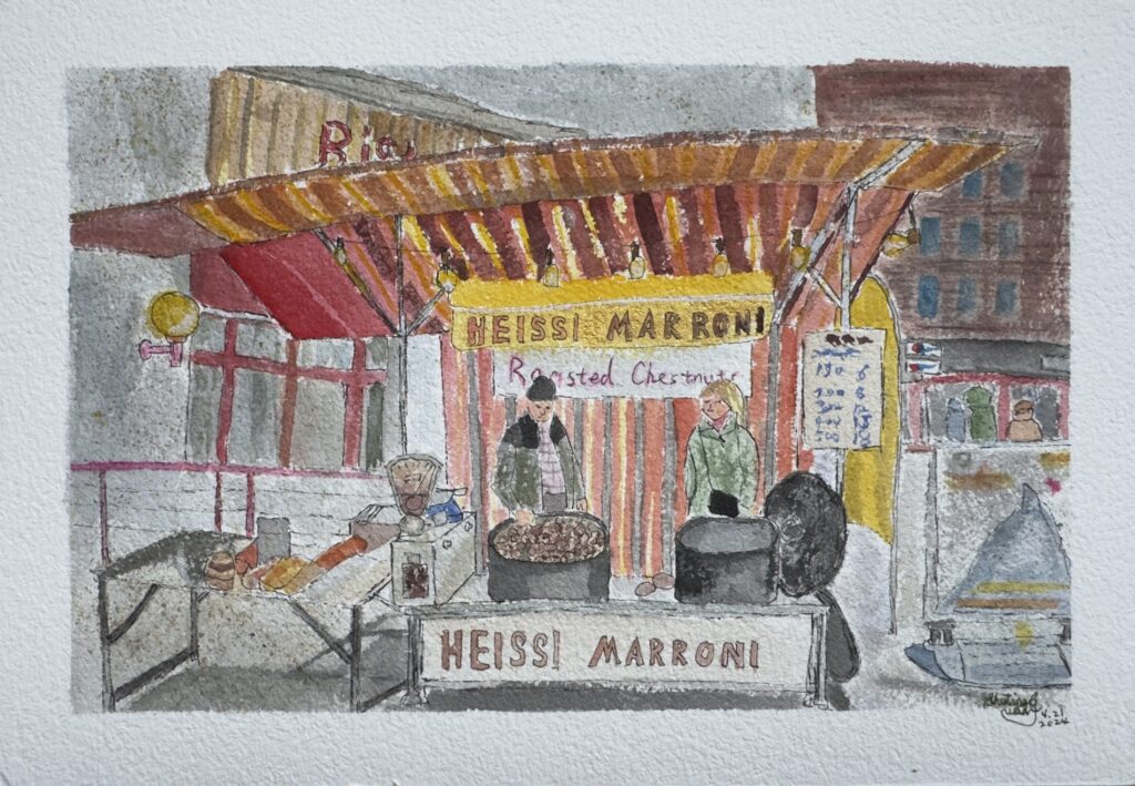 Watercolor painting of chestnuts vendor at Zermatt station