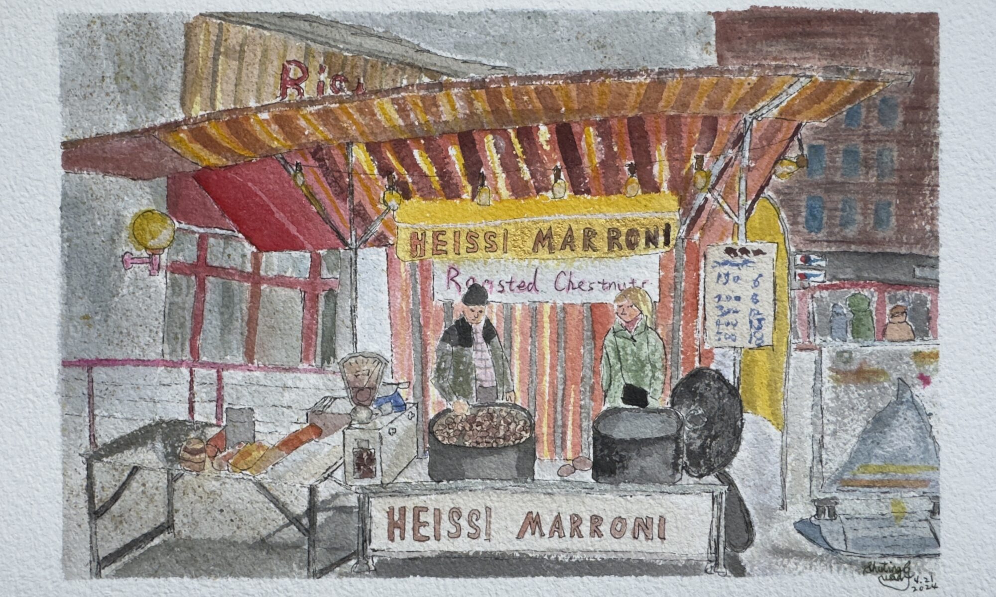 Watercolor painting of chestnuts vendor at Zermatt station