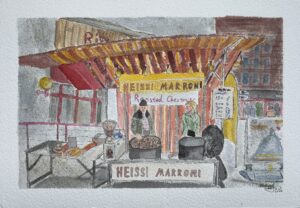 Chestnuts vendor at Zermatt station, Watercolor